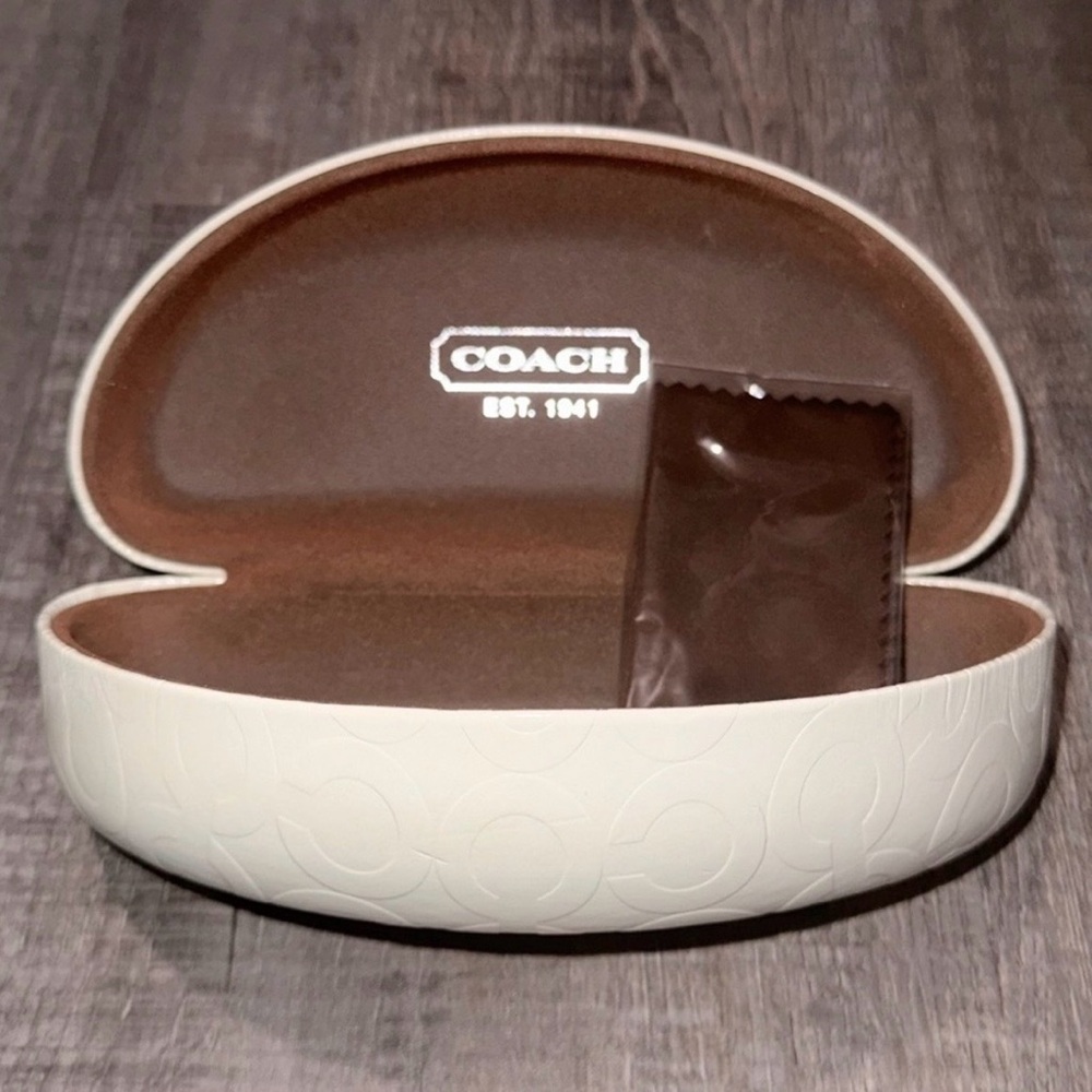 New Coach Embossed Cream and Brown Glasses Case & Microfiber Cleaning Cloth